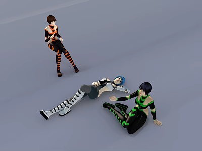 Two Women In Striped Outfits One Standing And One Sitting Near Lying Person 3d model