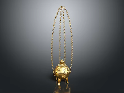 Golden Decorative Pendant with Chain Ornate Design and Three Legged Base 3d model