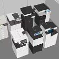 Office Appliances Multifunction Printers Black White Gray with Digital Displays Stacked in Modern Office