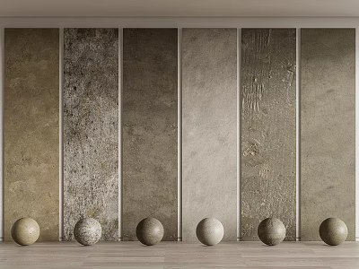 Natural Stone And Wood Panels With Various Textures Display On Wooden Floor With Spheres 3d model