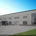 Modern Industrial Warehouse With Silver Exterior Large Glass Windows Front Trucks Parking Area And Grass