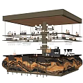 Luxurious Modern Bar Interior With Marble Pattern Countertop Hanging Shelves Wine Bottles Glasses And Stools