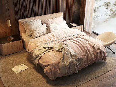 Double Bed With Wooden Wall Pink White Bedding Nightstand Lamp Natural Light Rug And Book 3d model