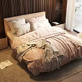 Double Bed With Wooden Wall Pink White Bedding Nightstand Lamp Natural Light Rug And Book