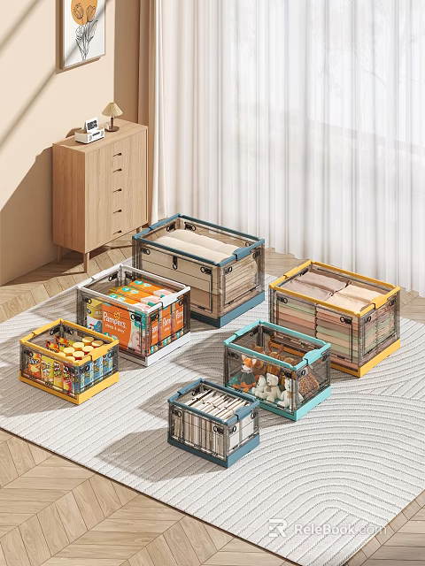 Colorful Transparent Storage Bins For Organizing Snacks Books And Clothes At Home 3d model 