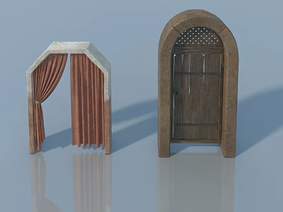 Wooden Arched Casement Door With Lattice Design And Red Curtains Frame 3d model