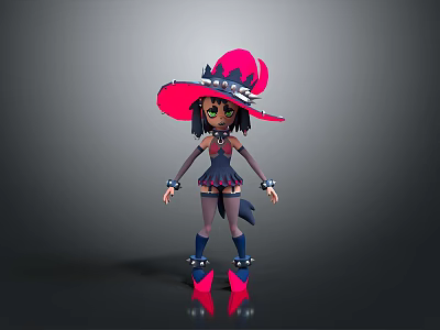 Cute 3D Cartoon Character with Large Pink Hat and Dark Outfit Design 3d model