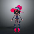 Cute 3D Cartoon Character with Large Pink Hat and Dark Outfit Design