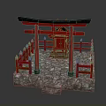 Traditional Japanese Red Torii Gate Featuring Black Top Red Fences And Stone Platform With Steps