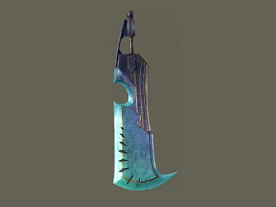 Unique Fantasy Weapon With Teal Blue Gradient Blade Black Handle And Carved Patterns 3d model