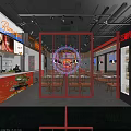 Vibrant Restaurant Interior Featuring Red Partition Neon Decor And Dining Tables Chairs 3d model