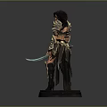 Fantasy Female Warrior Statue With Golden Armor And Dual Swords On Black Base