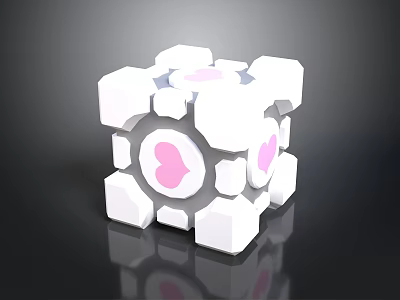 White Cube Structure With Pink Heart Shapes White Blocks And Circular Components On Black Background 3d model
