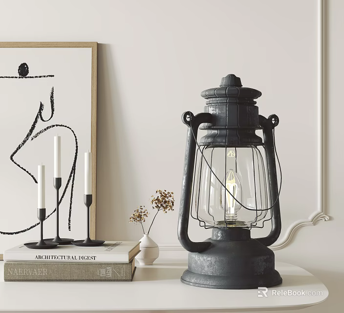 Decorative Ornament Set With Black Lantern Candles Dried Flowers Vase Books And Wall Art 3d model 