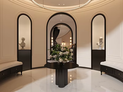 Luxury French Style Beauty Hair Salon Reception Area With Elegant Arched Mirrors And Art Decorations 3d model