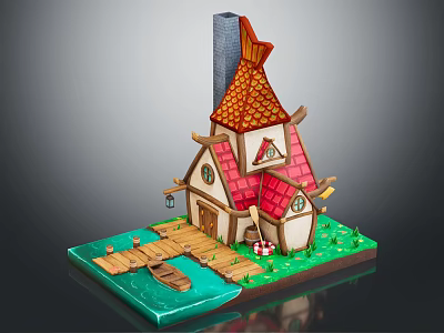Cartoon House with Red Pointed Roof Chimney Wooden Dock Small Boat Pond and Green Grass 3d model