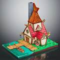 Cartoon House with Red Pointed Roof Chimney Wooden Dock Small Boat Pond and Green Grass