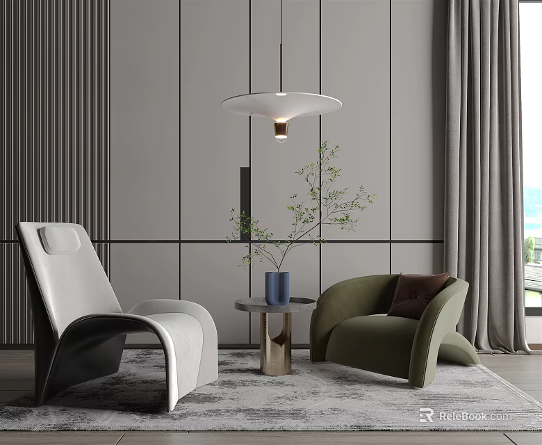 Modern Leisure Sofa Set With White Green Chairs Side Table And Potted Plant On Rug 3d model 