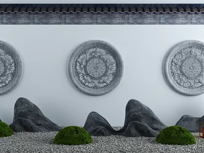 Chinese Style Scenic Wall With Circular Relief Carvings Rockery Green Plants And Gravel Ground 3d model