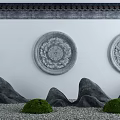 Chinese Style Scenic Wall With Circular Relief Carvings Rockery Green Plants And Gravel Ground