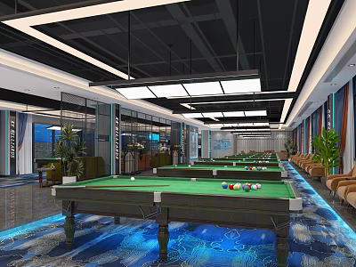 Modern Billiard Room Interior With Multiple Green Felt Tables And Lighting 3d model