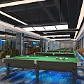 Modern Billiard Room Interior With Multiple Green Felt Tables And Lighting 3d model