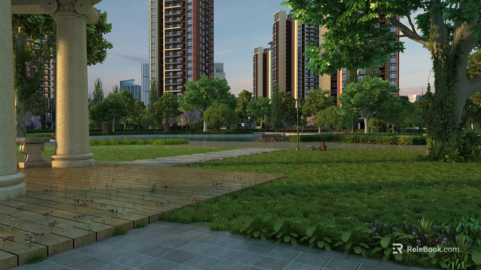 Plaza Landscape Featuring High Rise Buildings Green Trees Lawn Paved Walkways And Evening View 3d model 