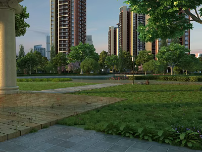 Plaza Landscape Featuring High Rise Buildings Green Trees Lawn Paved Walkways And Evening View 3d model