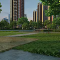 Plaza Landscape Featuring High Rise Buildings Green Trees Lawn Paved Walkways And Evening View