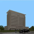 Modern Light Colored Office Building with Pedestrians Cars and Green Trees Under Clear Sky