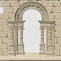 Ancient Architectural Model Stone Brick Structure With Arched Doorway Columns On Rock Base