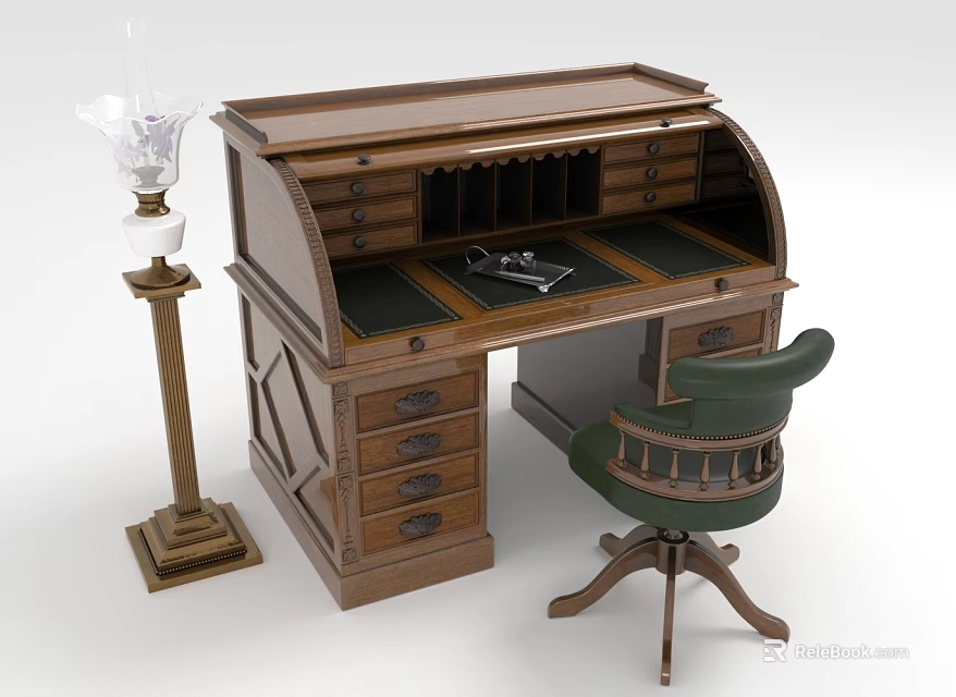 Vintage Roll Top Wooden Desk With Drawers And Green Leather Chair And Decorative Lamp 3d model 