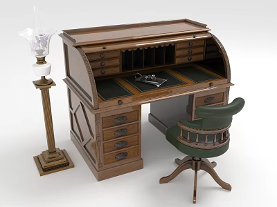 Vintage Roll Top Wooden Desk With Drawers And Green Leather Chair And Decorative Lamp 3d model