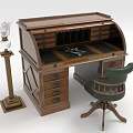 Vintage Roll Top Wooden Desk With Drawers And Green Leather Chair And Decorative Lamp
