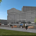 Modern Multi Storey Office Building With Glass Curtain Wall Urban Greenery And Pedestrians