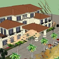 Two Story Classical Hotel Building With Red Roof White Exterior Balcony And Green Plants