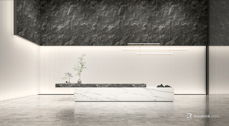 Modern Hotel Lobby With Marble Reception Desk Black Textured Wall Hanging Light Fixtures Green Plant 3d model 