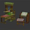 Vintage Wooden Printing Press Equipment With Table Stool And Open Book