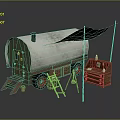 Vintage Caravan Featuring White Canopy Green Door Red Wheels Wooden Ladder And Small Table