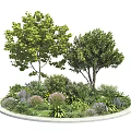 Circular Flower Bed and Flower Pot with White Border Various Decorative Plants and Two Trees