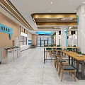 Modern Restaurant Interior With Dining Tables Chairs Marble Counters Wooden Ceiling And Blue Illuminated Columns