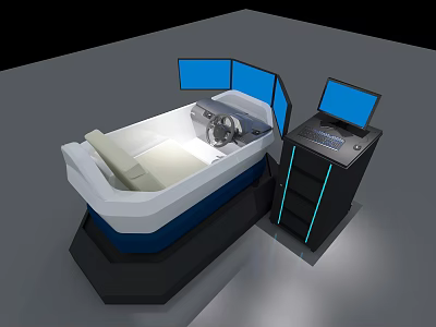 Interactive Amusement Ride With Steering Wheel Blue Screens And Computer Console 3d model