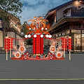 Traditional Themed Launch Device With Red Firework Decorations Lanterns And Horse Ornaments