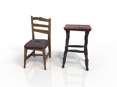Rustic Wooden Chair With Upholstered Seat And Small Table With Marbled Top 3d model