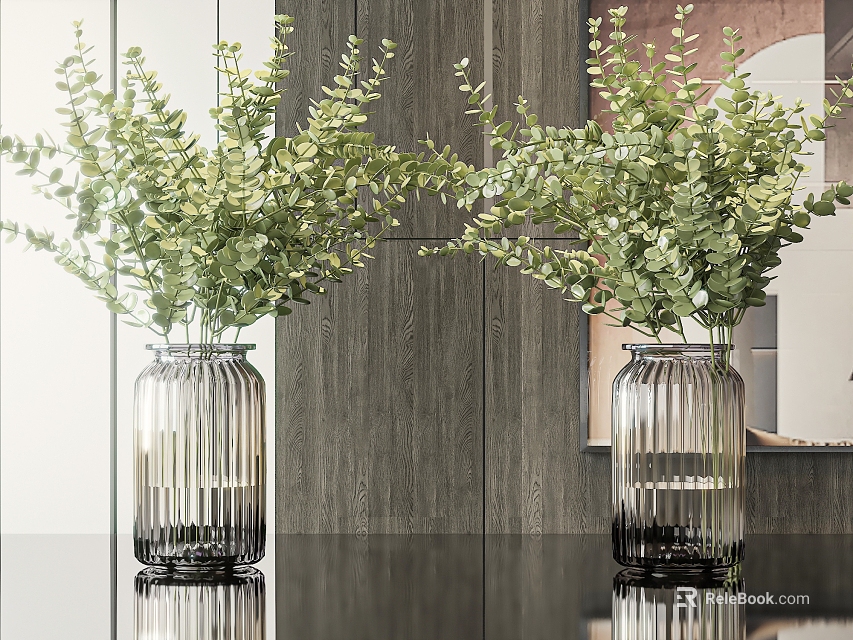 Modern Glass Vases With Striped Design Holding Green Eucalyptus In Interior Decor 3d model 