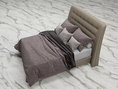 Double Bed With Upholstered Headboard Gray Pillows Plaid Bedspread Black Blanket On Marble Patterned Floor 3d model