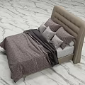 Double Bed With Upholstered Headboard Gray Pillows Plaid Bedspread Black Blanket On Marble Patterned Floor