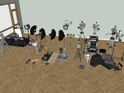 Professional Commercial Photography Equipment Setup With Tripods Lighting Reflectors And Cameras 3d model