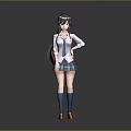 3D Anime School Girl Character With Long Hair White Blouse Blue Plaid Skirt Green Socks