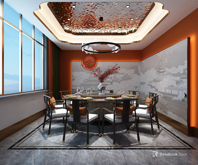Elegant Private Dining Room With Round Table Chairs Large Windows And Decorative Ceiling 3d model